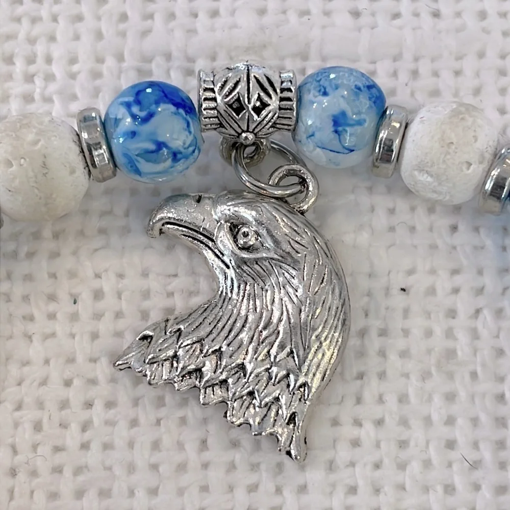 Lava rock blue natural stone silver Eagle charm stretch bracelet